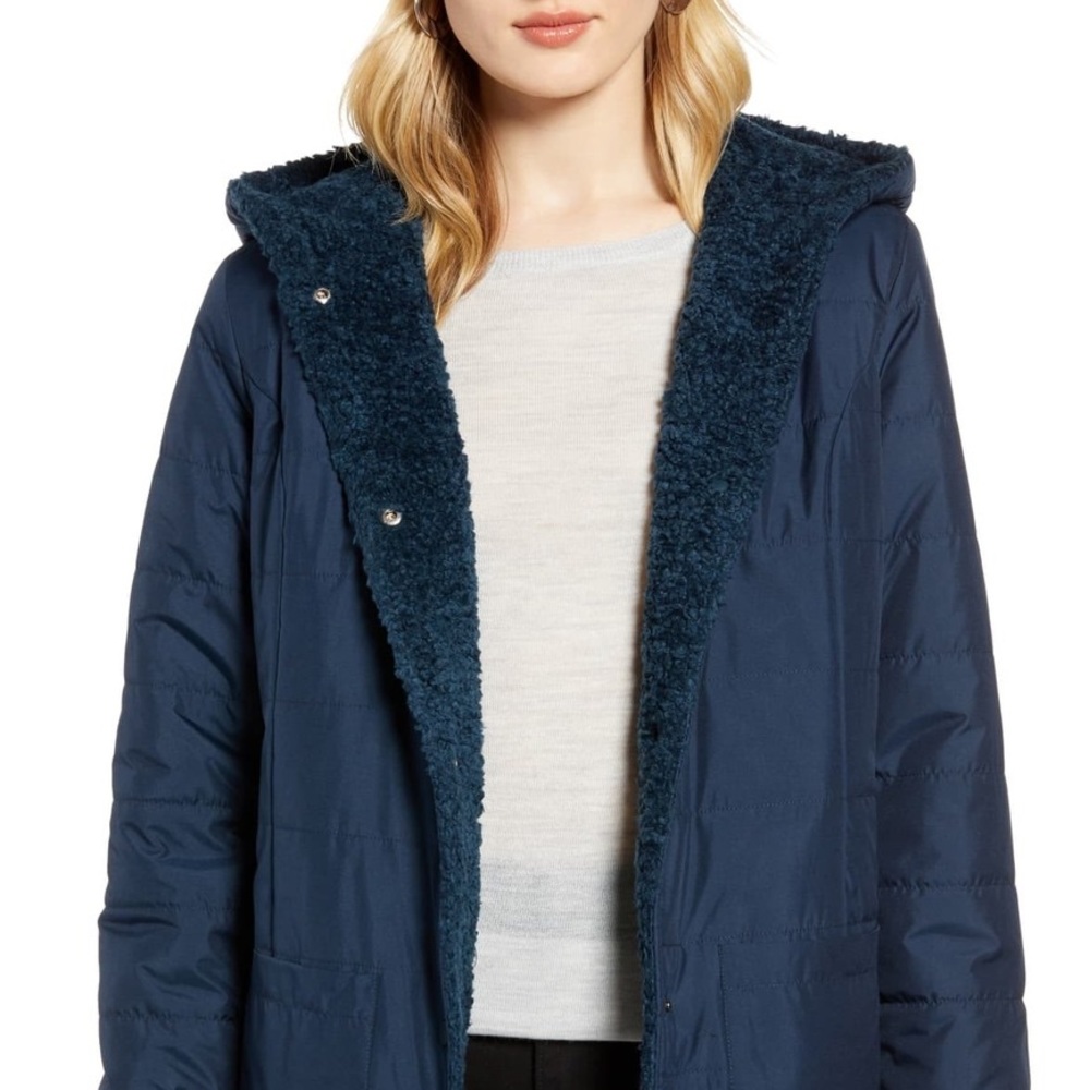 NWT HALOGEN Blue Hooded Sherpa Style Reversible Coat, S - Picture 3 of 16